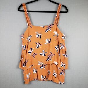 Studio B XL Tiered‎ Crepe Tank Top Orange Blue Tropical Floral Vacation Beachy
